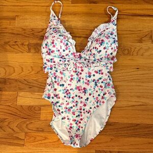J. Crew White Floral One-Piece Swimsuit with Pink & Teal Flowers